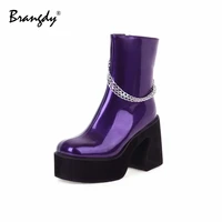 brangdy 2022 hot sale women ankle boots chunky platform pu women shoes metal chain square toe zipper women winter boots with fur