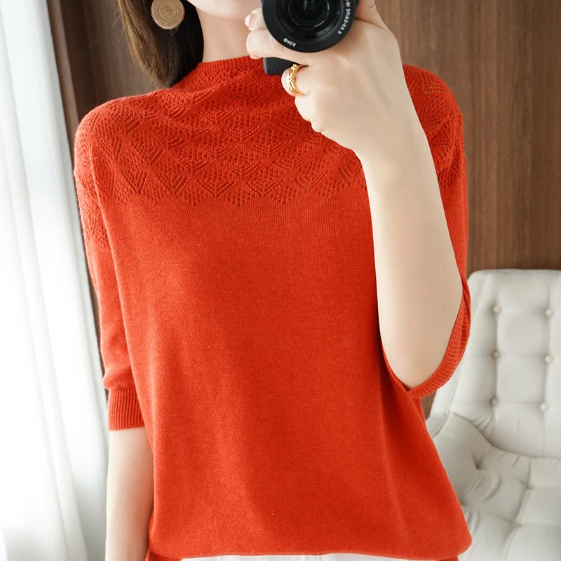 

Lafarvie Cotton T-Shirt Femme Clothes For Women Summer Tops 2021Casual Loose Hollow O Neck Kurzarm Tees High Quality Solid Color