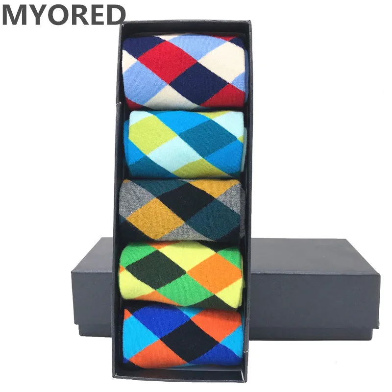 

MYORED 5 pair/lot mens cotton classical Colorful Diamond Funny Sock man crew grid Socks birthday gift socks casual dress NO BOX