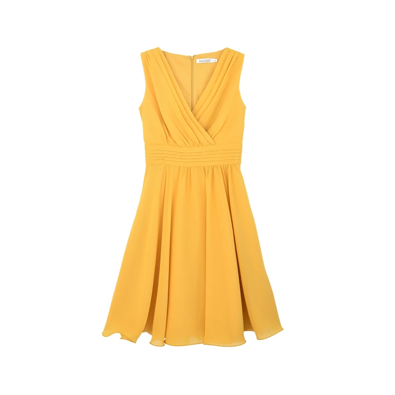 

Dabuwawa Exclusive Yellow Chiffon Summer Beach Dress Women Sexy V-Neck Pleated Front Casual Dresses Ladies Vestidos DO1BDR055