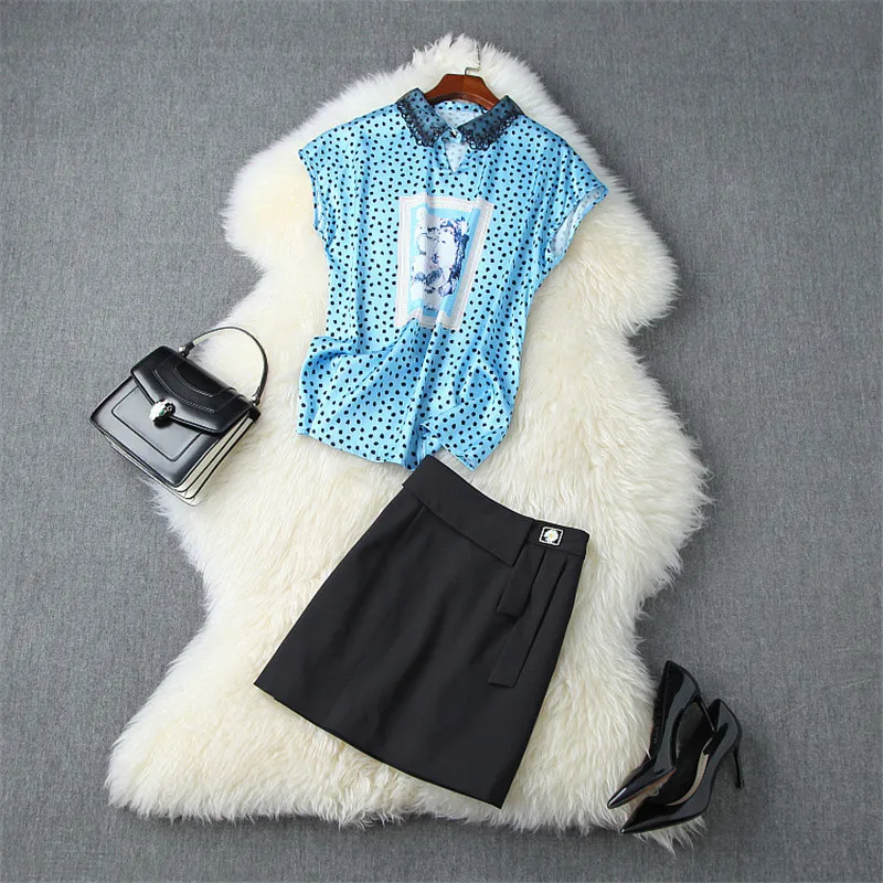 

2020 Fashion Runway Suit Women Summer Designers Two Piece Outfits Elegant Dot Print Blouse and Mini Skirt Matching Sets