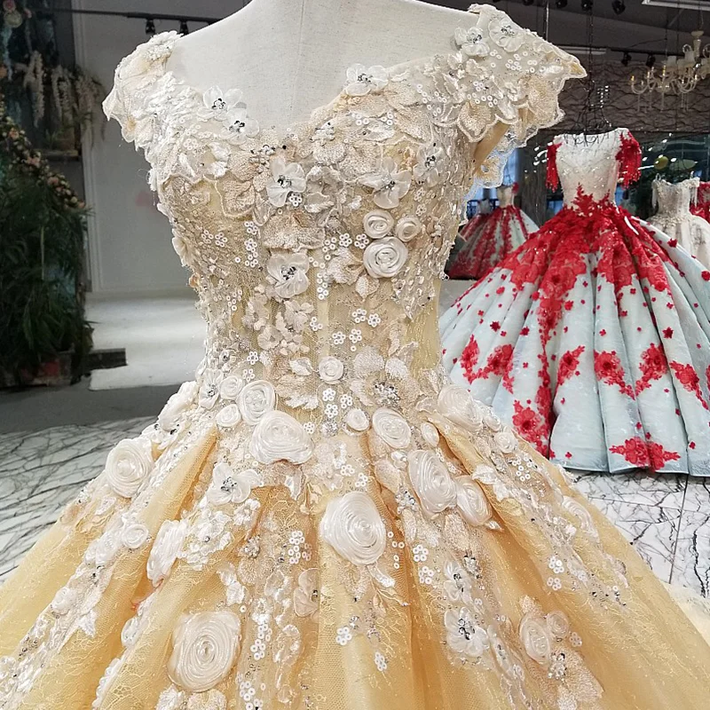 LS31045 3d цветы элегантный желтый вечер платье колпачок рукав v образным вырезом