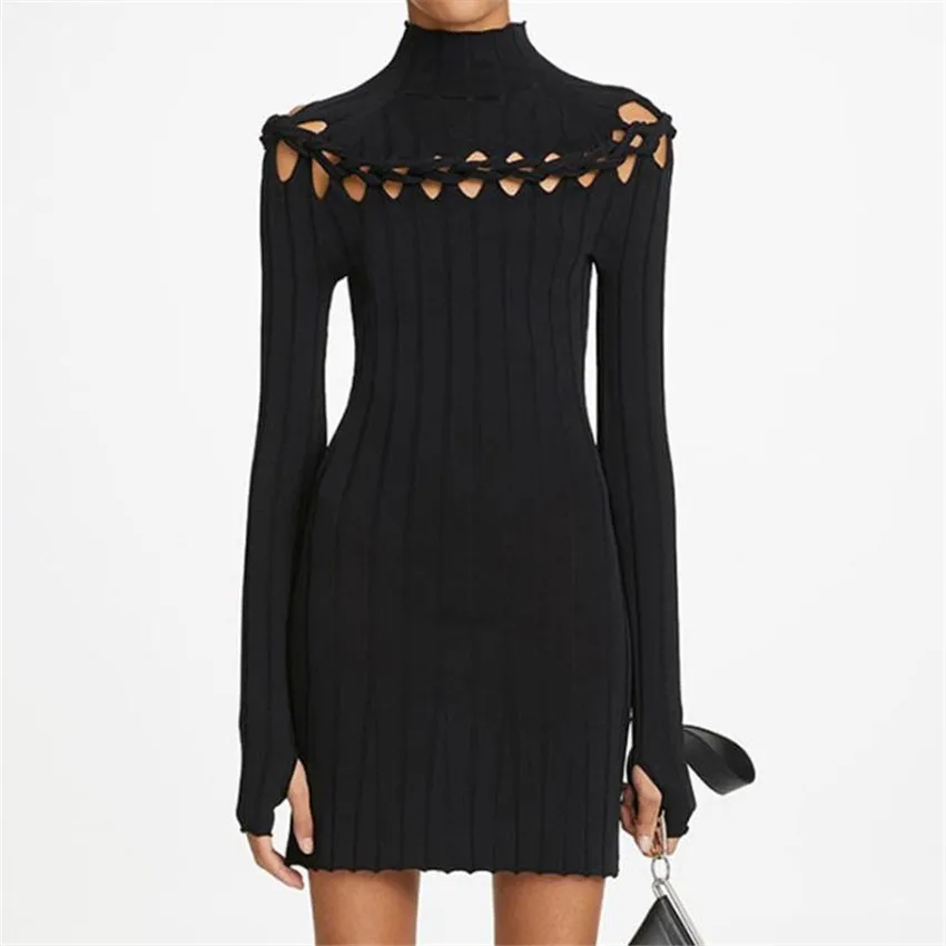 

2020 Autumn Winter New Woven Hollow Slim Ribbed Knitted Dress Women's Mid-length Solid Color Base Sweater Dress