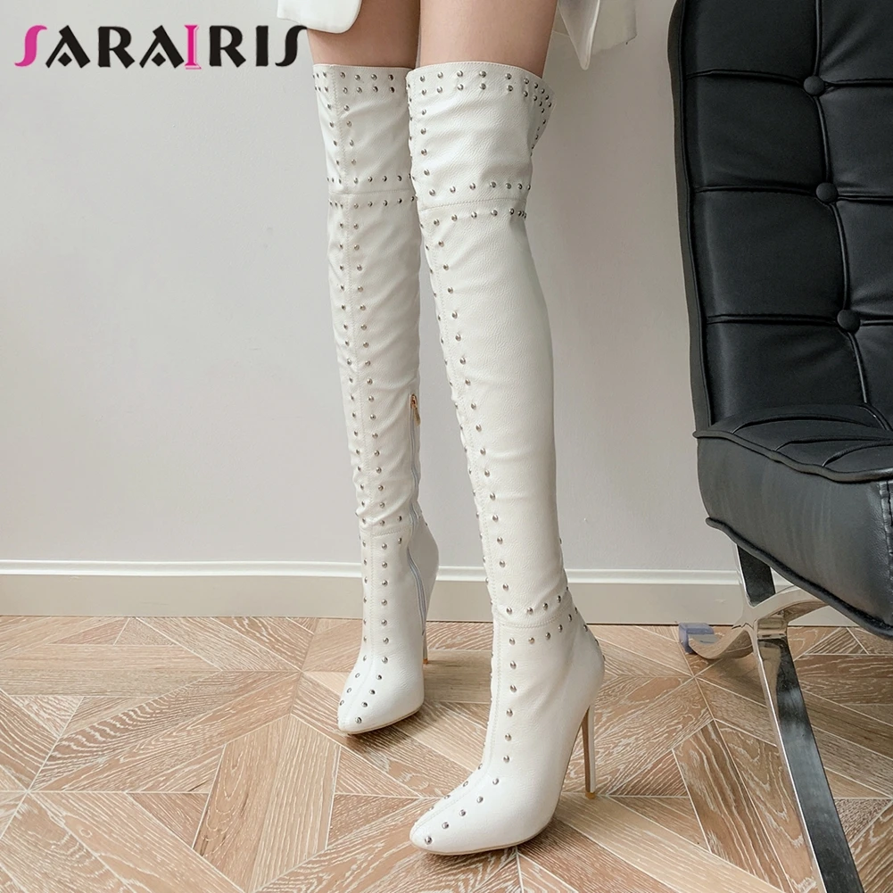 

SARAIRIS Plus Size 30-48 Ladies Sexy Party Boots Thigh High Boots Women Thin High Heels Zip Rivet Metal Decoration Shoes Woman