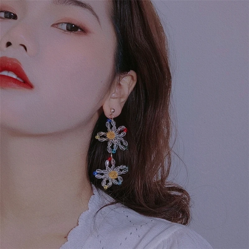 

Cute Sweet Handmade Colorful Transparent Crystal Beads Flower Long Earrings Retro Petal Tassel Drop Earrings For Women