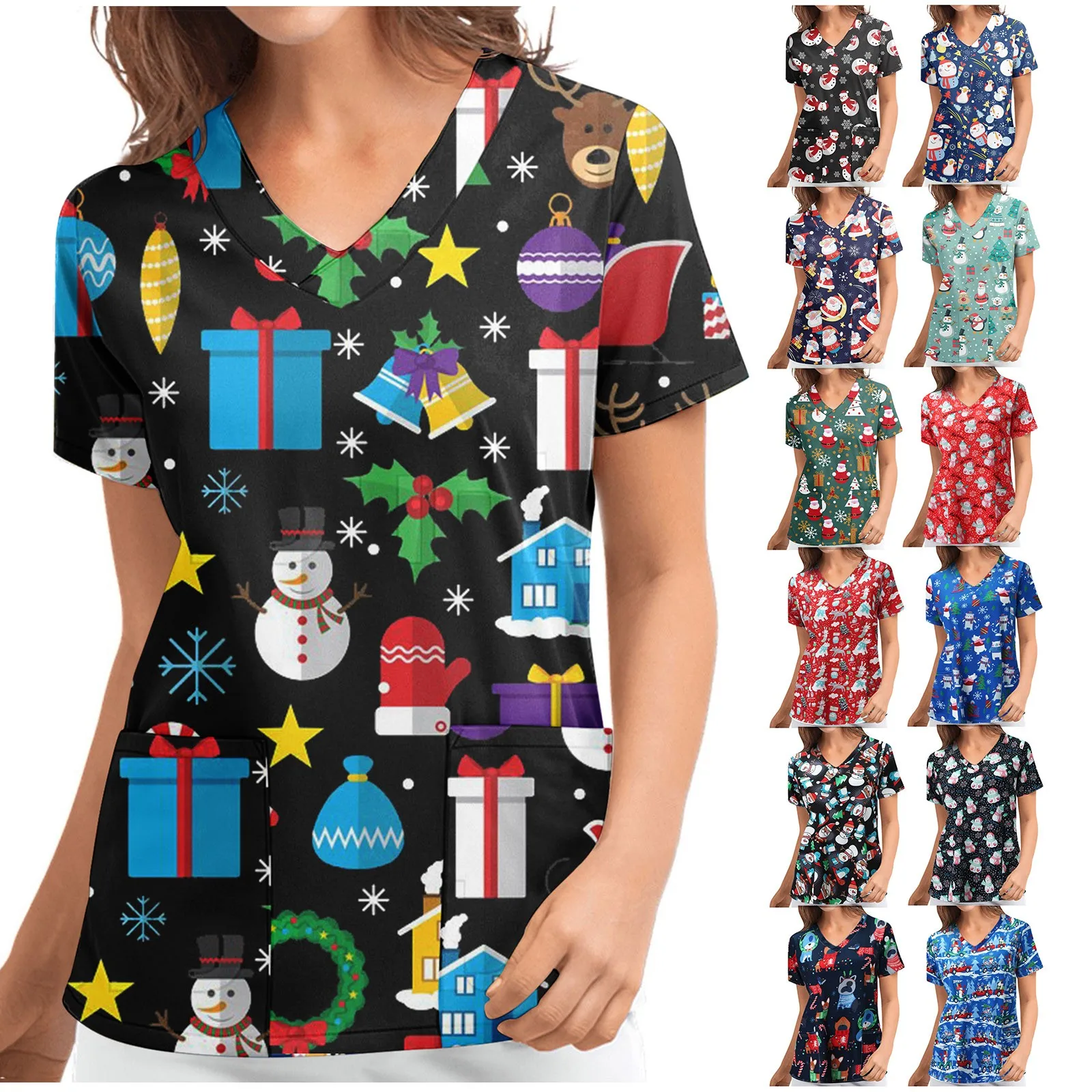 Christmas print V-neck short sleeves nurse Scrub Tops snowman Shirt Short Sleeve T-shirt Doctor beauty salon uniform |