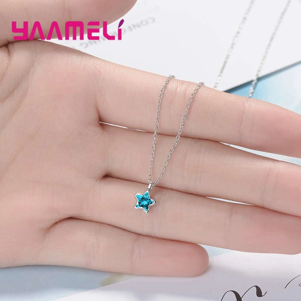 

Hot Sale Fresh Style Pendant Necklace 925 Sterling Silver Jewelry For Women Pretty Birthday Gift Blue Shimmering Star