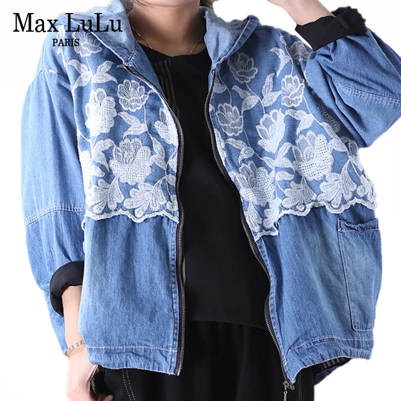 Женская джинсовая куртка Max LuLu шикарная в китайском стиле с вышивкой и молнией