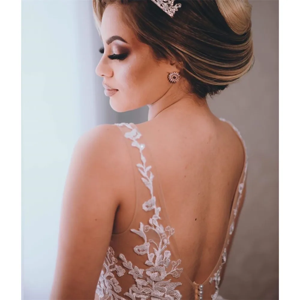 

HONGFUYU V Neck Sleeveless Wedding Dresses robe de marie A-line Appliques Bridal Gowns Tulle vestido de novia Covered Button