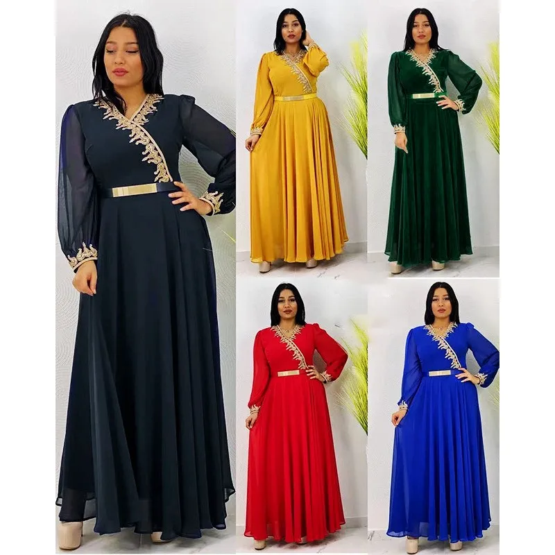 

Retro Embroidery Dress Women's V-Neck Long-Sleeved Belt Fashion High Temperament African Clothing Chiffon Long Skirt 2021 New
