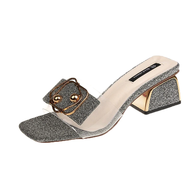 

Женские прозрачные шлепанцы, пляжные сандалии с металлической пряжкой, квадратный высокий каблук, блестящие, лето 2021