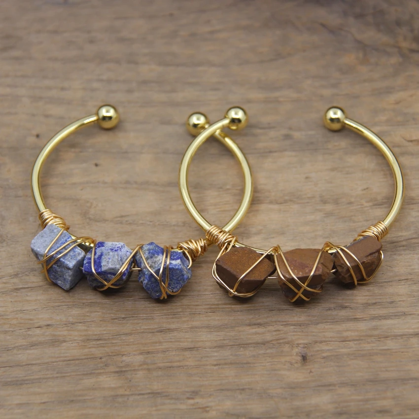 

Raw Fluorite Quartz Beads Open Cuff Bangles Golden Wire Wrap Aventurine Tourmaline Crystal Gems Women Bracelet Jewelry QC2011