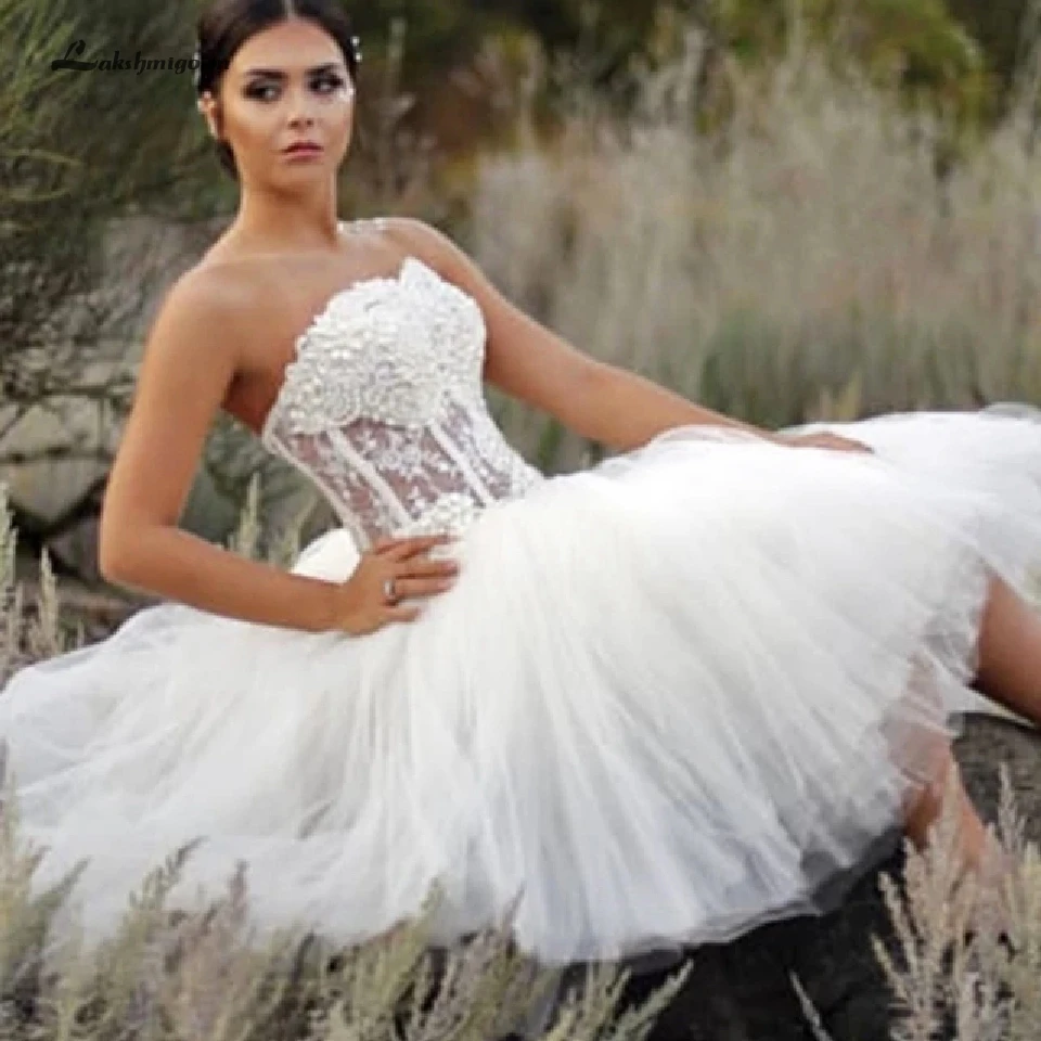 Lakshmigown фантастическое Короткое свадебное платье Vestido Curto без бретелек корсет жемчужные бисерные свадебные платья свадебное платье es