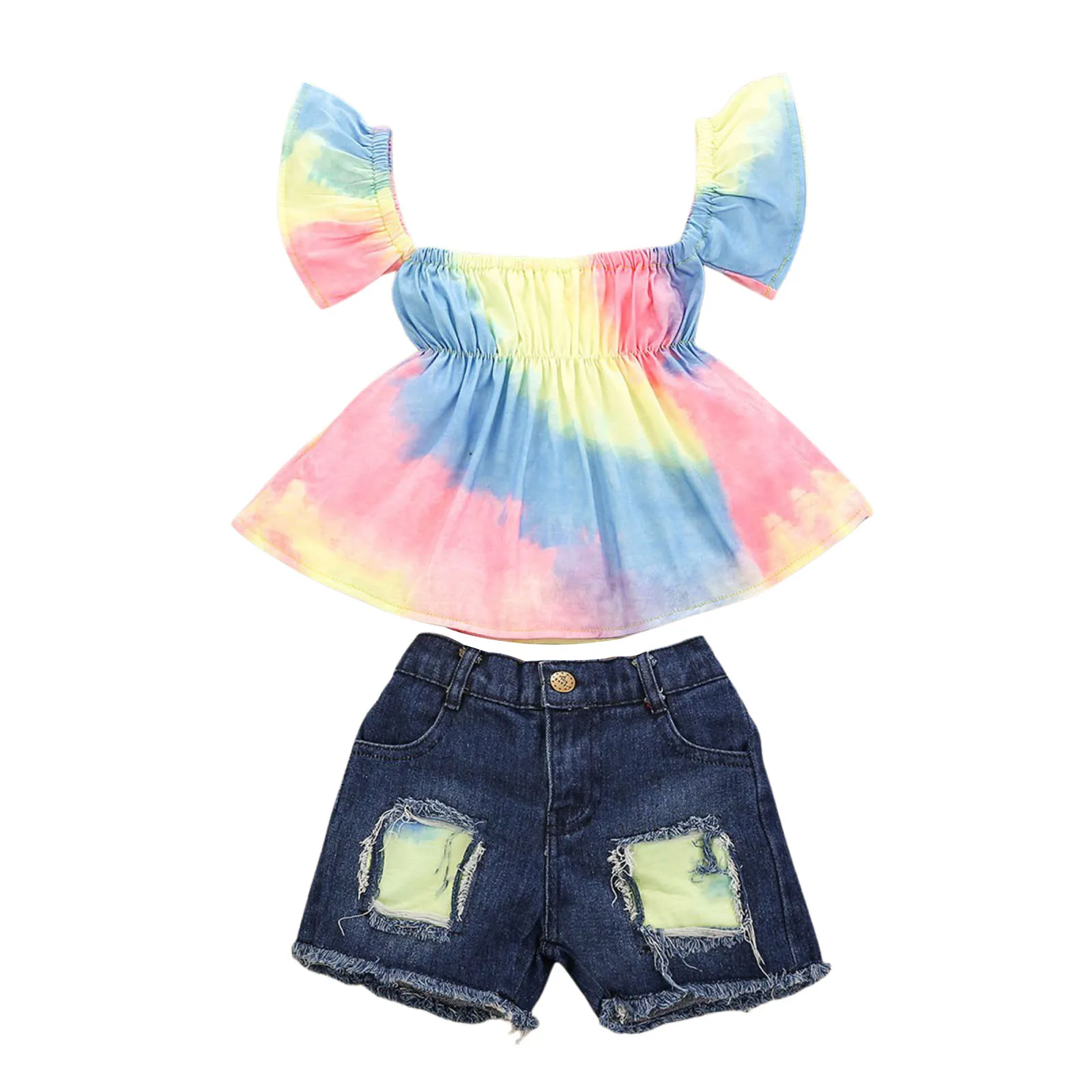 

Girl’s Short-sleeved and Shorts Set Fashion Tie-dye T-shirt and Patchwork Denim Short Pants 2-7T 2021 New Fashion