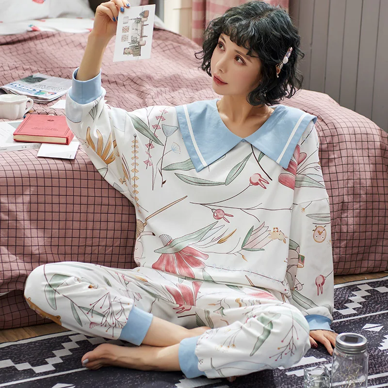 

2020 pajama set female spring summer cotton knit pajamas female short sleeve homewear set comfortable casual cute home suit