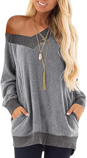 

Sexy Solid Color Off-shoulder Hoodie Women Casual Contrast Pocket Long-sleeved Pullover Sweatshirt Fashion Street Winter Clothe