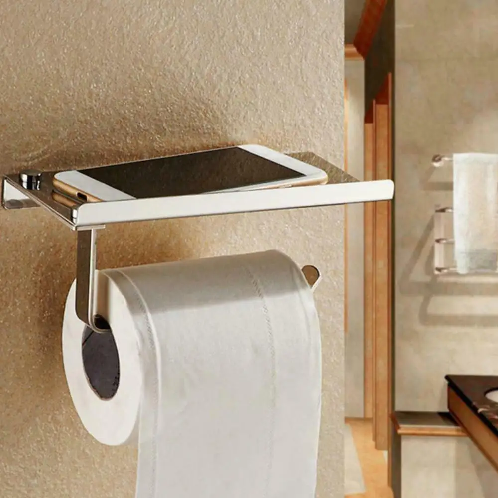 

Wall Mounted Toilet Paper Holder Stainless Steel Tissue Holder Paper Roll Rack Bathroom Toilet Roll Dispenser with Phone Shelf