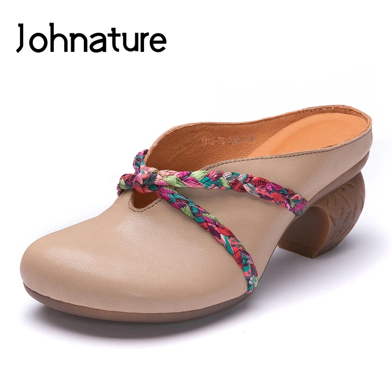 

Johnature 2022 New Summer Genuine Leather Slippers Round Toe Casual Wedges Retro Narrow Band Sandals Handmade Women Slippers