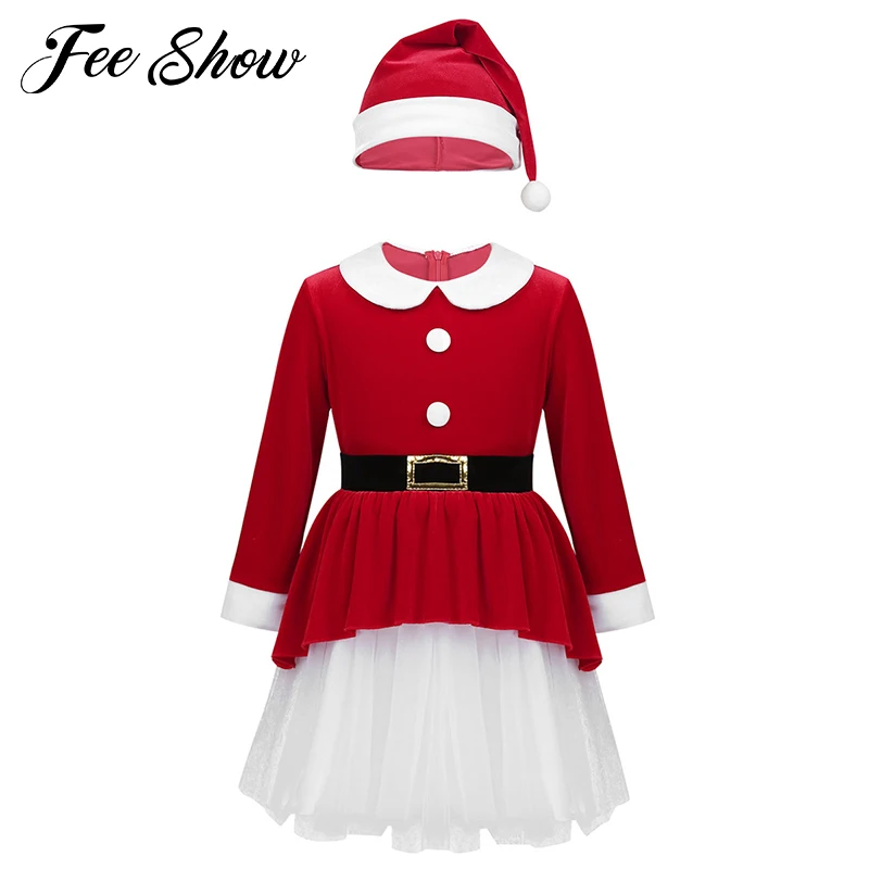 

Red Kids Girls Xmas Dresses Soft Velvet Long Sleeves Belt Mesh Dress with Hat Set Children Santa Claus Cosplay Christmas Dress