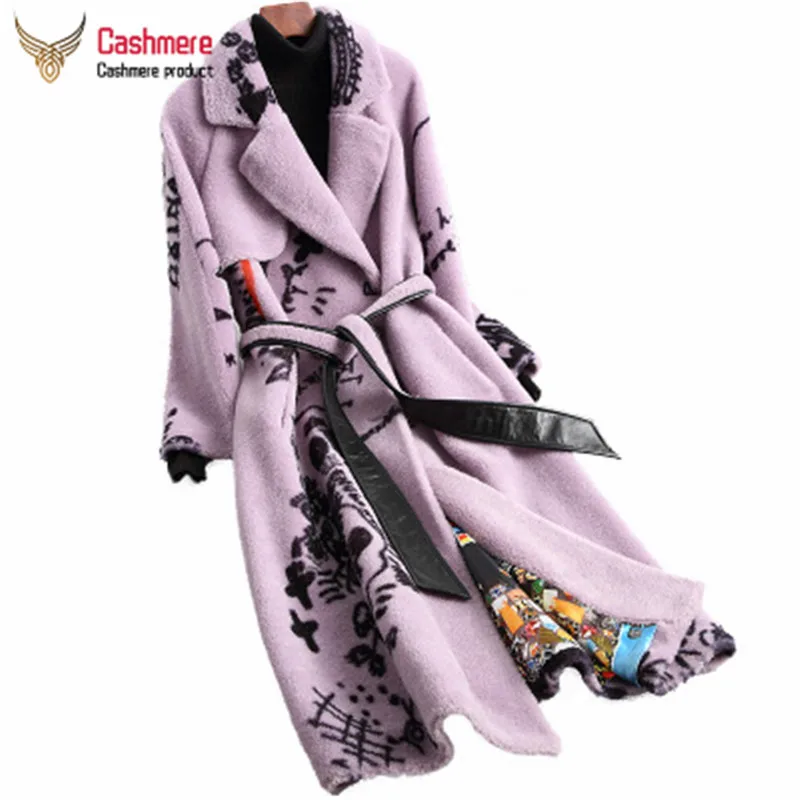 Женская шуба из натуральной овечьей шерсти длинная теплая с принтом Осень зима