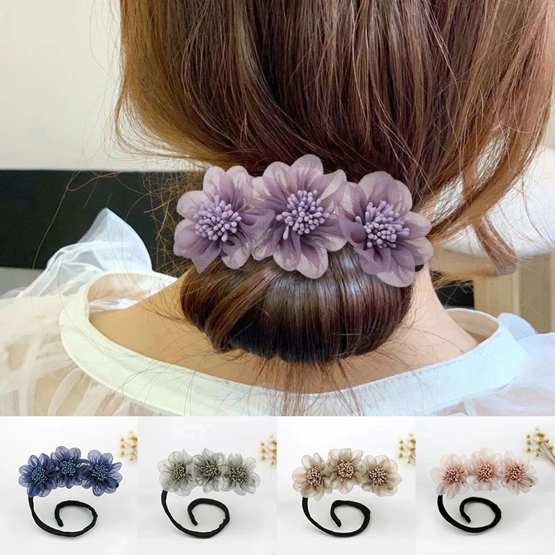

New Yarn Flower Magic Bun Maker Hairbands Donut Pearl Flower Hair Bands Fashion Girls DIY Hairstyle Headband Tools Accessories