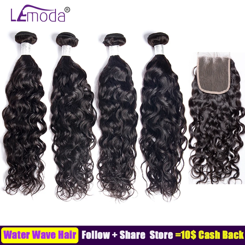 LeModa малазийские волнистые 4 пучка с закрытием 5 шт/лот человеческие волосы Remy для