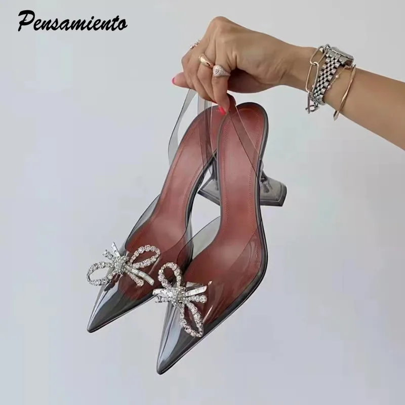 Fashion brand Rhinestones Bowknot Women Pumps Sexy clear PVC Slingback High heels Jelly Shoes Summer Ladies Wedding Bridal Shoes