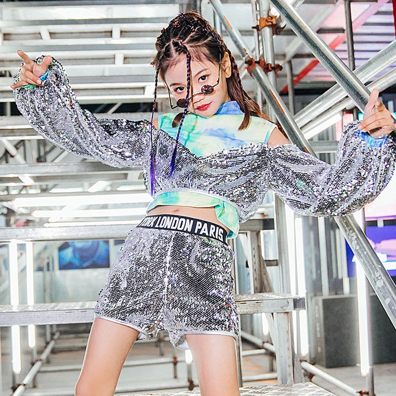 

Shiny Silver Sequin Suit For Kids HipHop Jazz Dance Outfits Girls Street Dance Performance Clothing Catwalk Show Costume