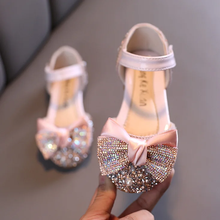 

Girls Sequin Lace Bow Kids Shoes Girls Cute Pearl Princess Dance Single Casual Shoe 2021 New Children's Party Wedding Shoes