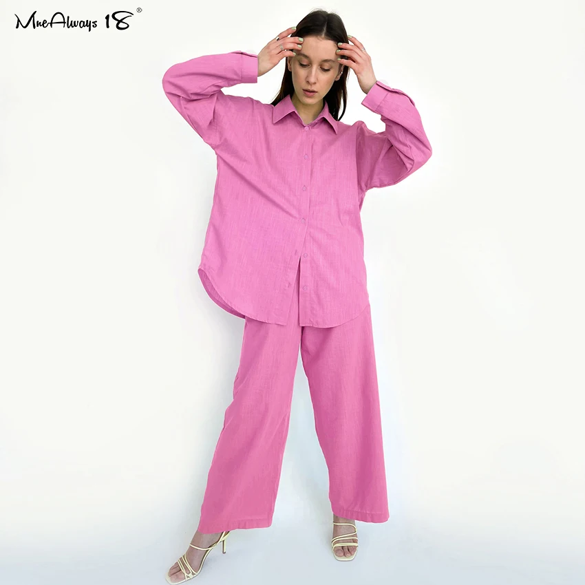 

Mnealways18 Autumn Pink Woman Pants Suits Solid Cotton Linen 2 Piece Sets Long Sleeve Shits And Wide Pants Pocket Ladies Outfits