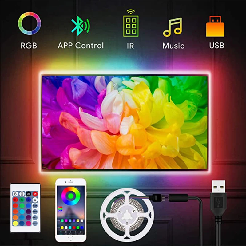 

Светодиодная лента 5050 RGB, совместимая с Bluetooth, светодиодная лампа для подсветки телевизора с пультом дистанционного управления для украшени...