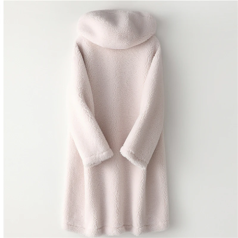 2019 Mid-Length Autumn Winter Wool Hooded Horn Buckle Sheep Shearling Fur Coat Literary Fashion Women's H00964 | Женская одежда