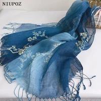 women foulard elegant linen gradient tie dye blue scarf plum bossom muslim hijab bandana tassel long shawl beautiful