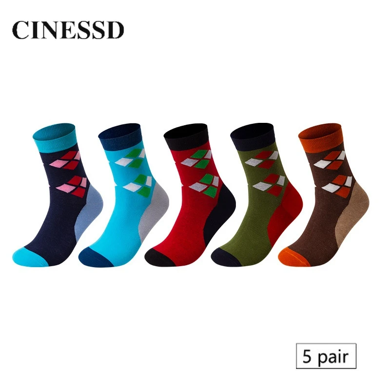 5 Pairs Men Crew Socks New Autumn Business Combed Cotton Grid Patchwork Casual Breathable Absorb Sweat Sports Mid Calf Man Sock