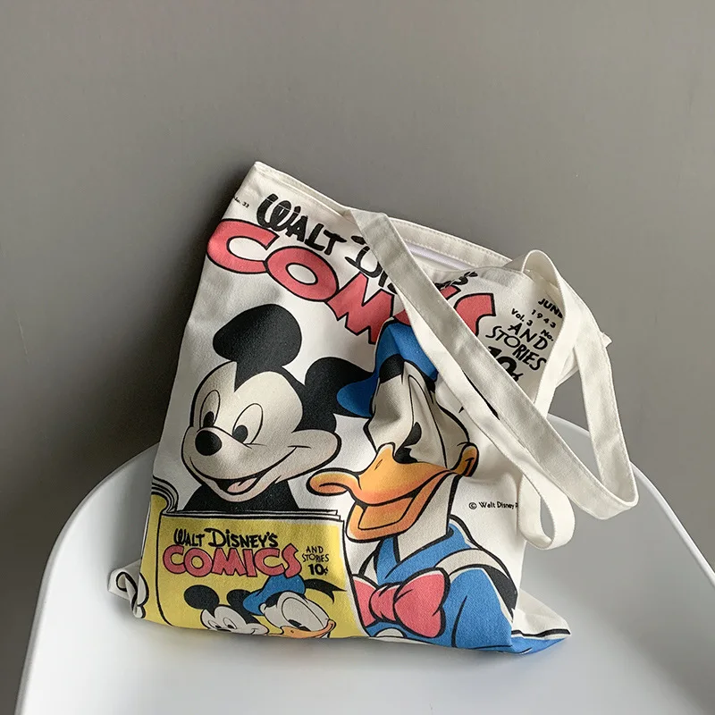 

38*34cm Mickey Donald Duck Canvas Women's Bag One Shoulder Cute Student Trendy Bag Women's School Bag Zipper Canvas Bag