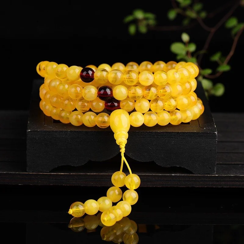 Natural Amber Honey Wax Hand String Gold Twisted Honey 108 Buddha Beads Hand String Multi Circle Men's And Women's Bracelet
