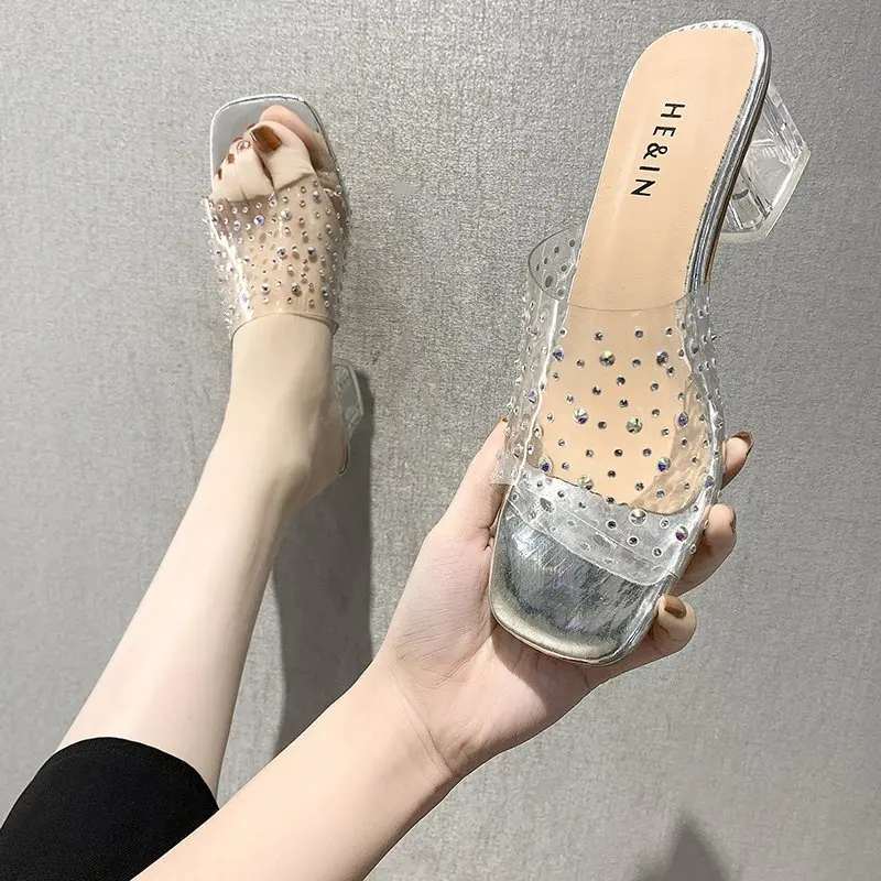 

Summer Clear Transparent Slippers Crystal Sexy Ladies Shoes Women Shoes Women Mules Thick High Heels Casual Shoes