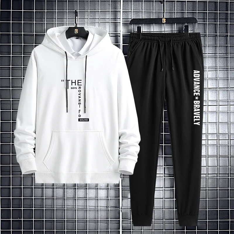 

Men Spring Casual Hooded Sweatshirt Hoodies Pants Jogging Suit Solid Color Men's Sportswear Sets Patchwork Zipper Tracksuit
