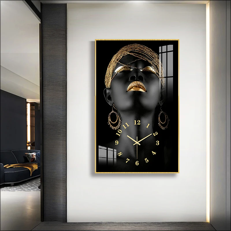 

African Beauty Art Wall Clock Home Decor Silent Quartz Clock Aluminum Alloy Frame Fashion Christmas Gift Family 25X40cm