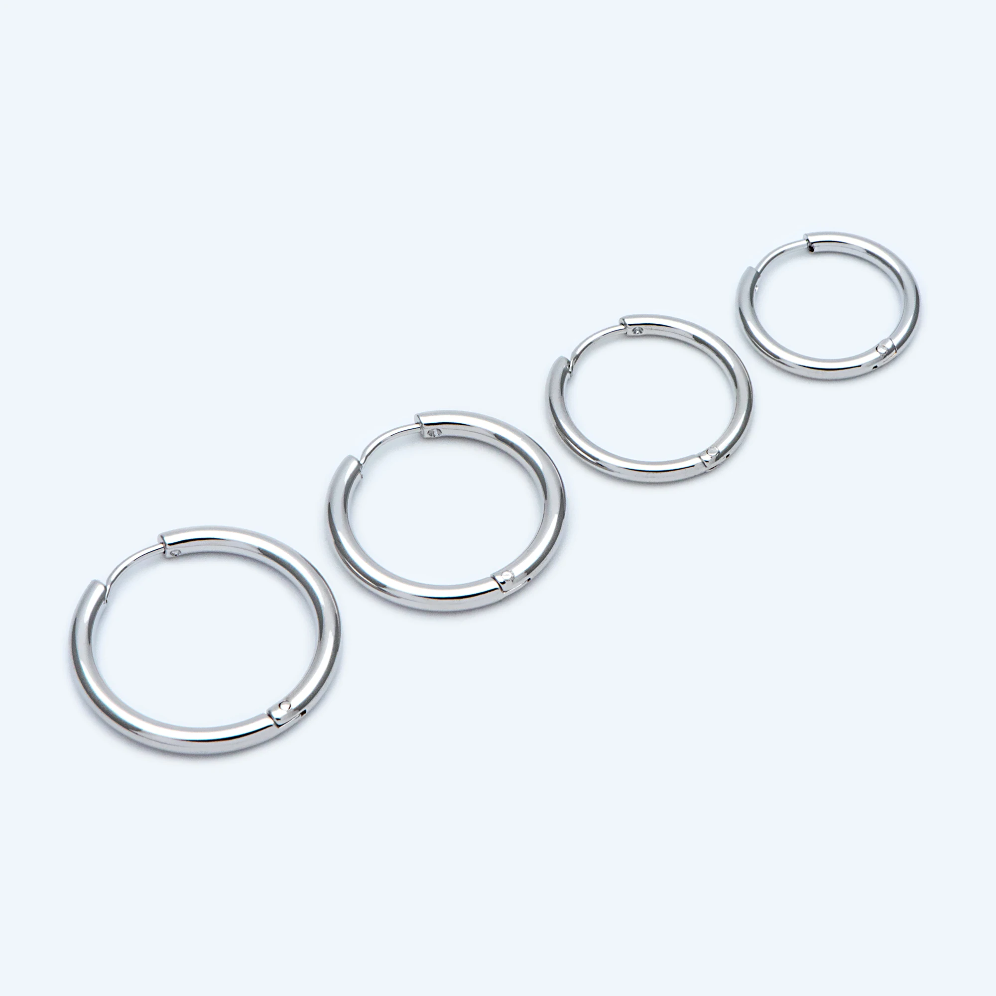 

10pcs Silver Tone Huggie Earrings, 16/ 18/ 20/ 23/25mm, Simple Round Circle Hoops, Rhodium Plated Stainless Steel (GB-2642)