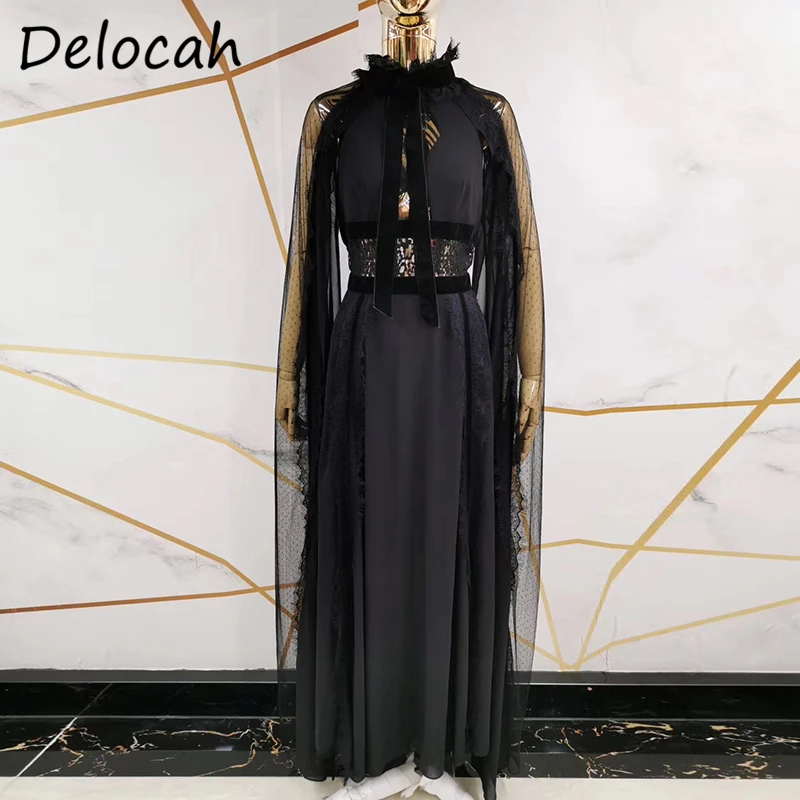 

Deloch Women Spring Fashion RunwayDesignerParty Long Dress Batwing Sleeve Bow High Waist Black Ladies A-Line Dresses Vestidos