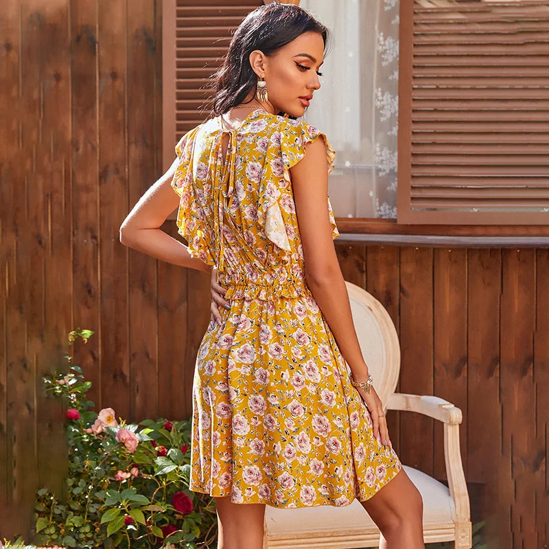 

Women Fashion Elegant Dress Summer Sexy V Neck Floral Print Boho Beach Dress