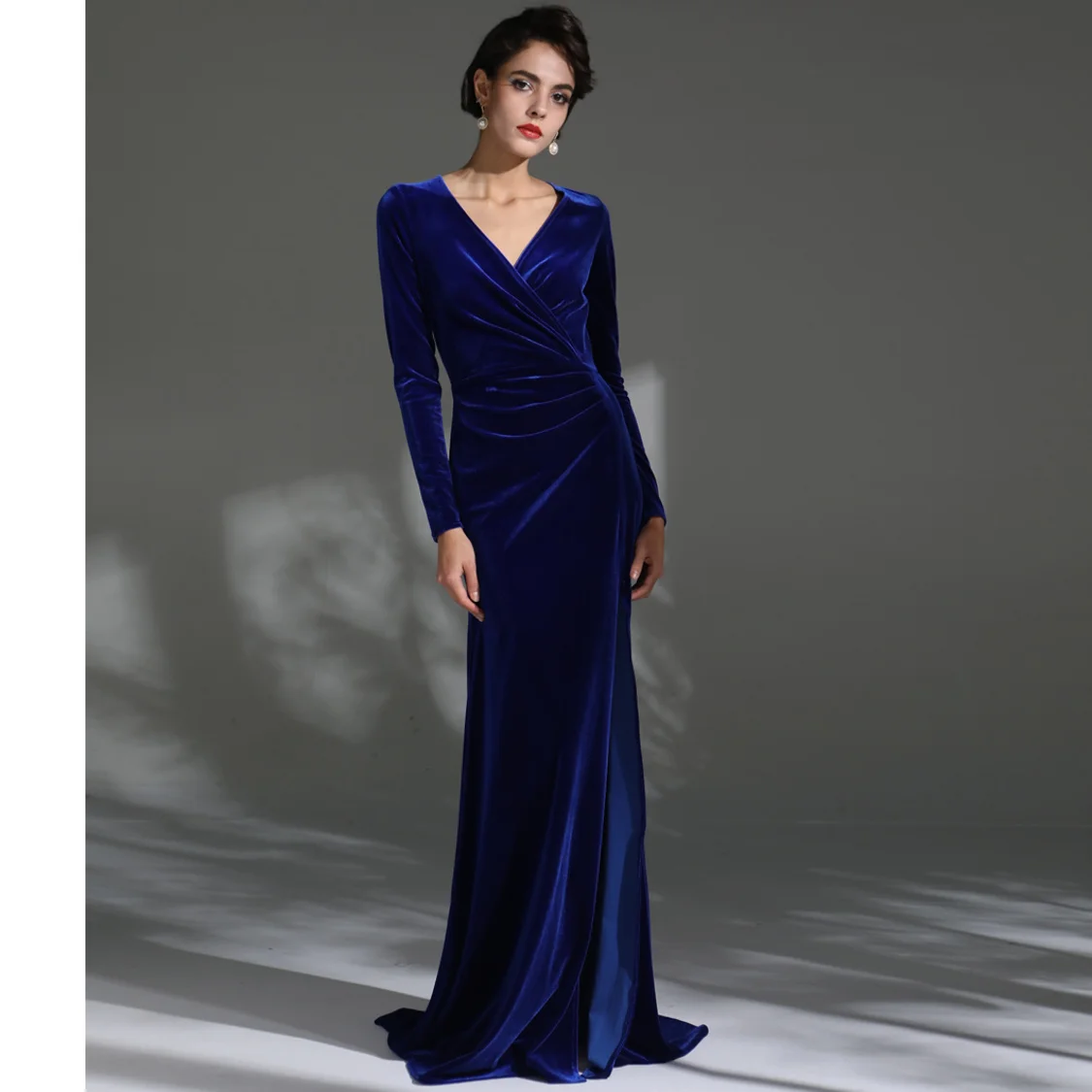 Women Formal Prom Dresses Classical V-Neck Chiffion Open Fork Elegant Evening Dress Floor-Length Mono Draped Pleat Party Gowns