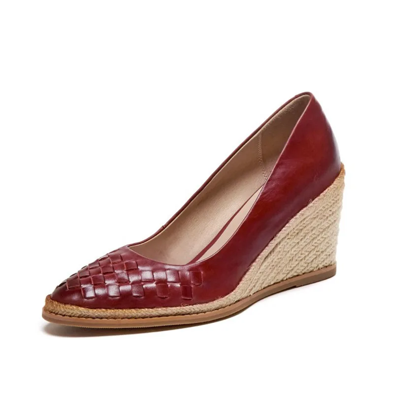 

MLJUESE 2021 Women Pumps Soft Cow leather Autumn Spring Checkered Slip on Wine red color Pointed toe high heels Wedges pumps