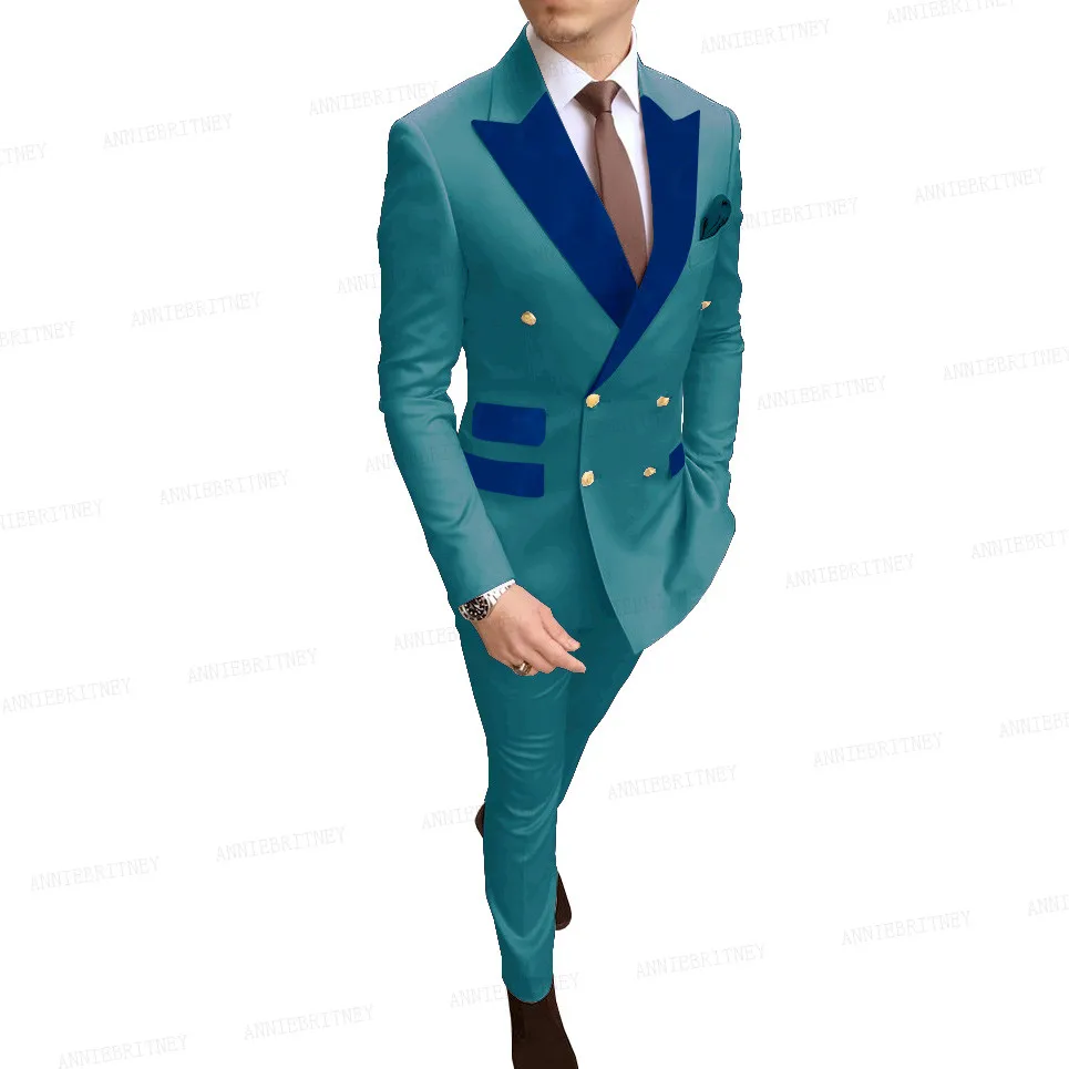 

Sea Blue Men Suit Double Breasted Formal Business Wear Jacket Custom Made Plus Size Groom Wedding Suit Tuxedo Blazer with Pants