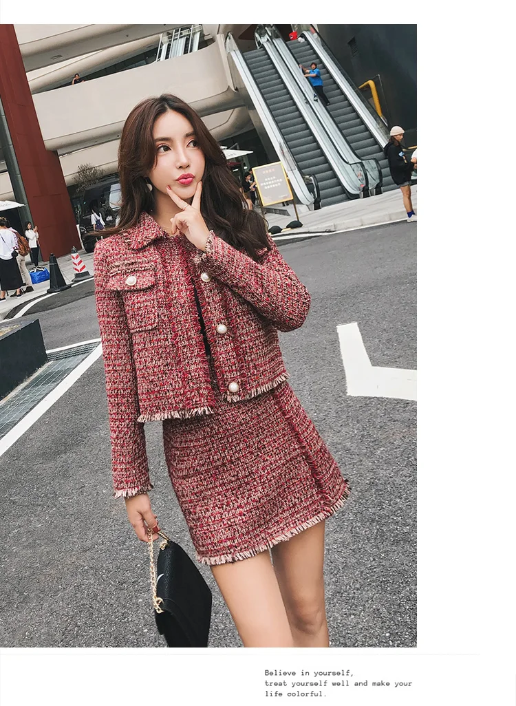 Women Skirt Sets Winter Europe Ladies Tassel Woolen Tweed Jacket+ Short Skirt Suits Elegant Two Piece Womens Clothing Sets