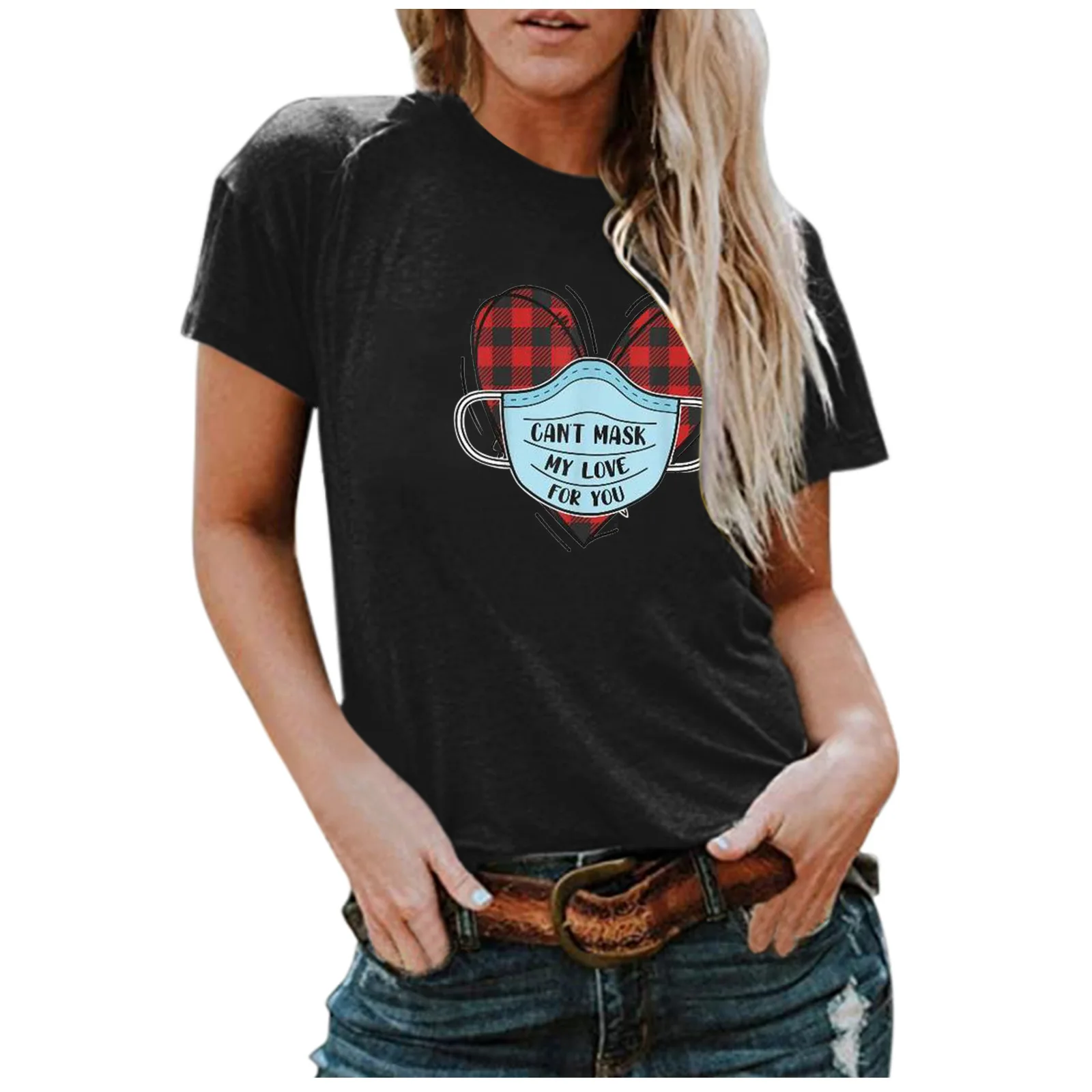 

Wearing Mask Heart Print Women T Shirt Short Sleeve O Neck Loose Women Tshirt Ladies Tee Shirt Tops Clothes Camisetas Mujer