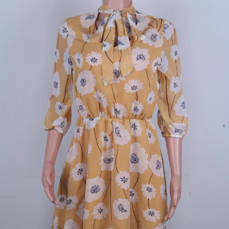 

2020 Boho Floral Print Bow Tie Neck Chiffon Summer Dress Women 3/4 Sleeve Elastic Waist Ladies Casual Holiday Mini Dresses