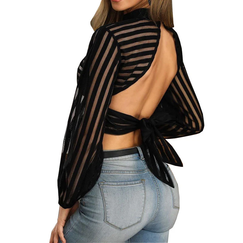 Блузка женская сетчатая с открытой спиной пикантная ажурная рубашка