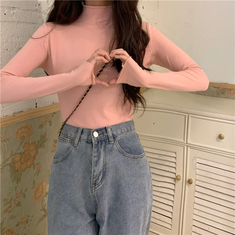 

Женский свитер с высоким воротником, приталенная рубашка с длинным рукавом, в Корейском стиле, осень 2021